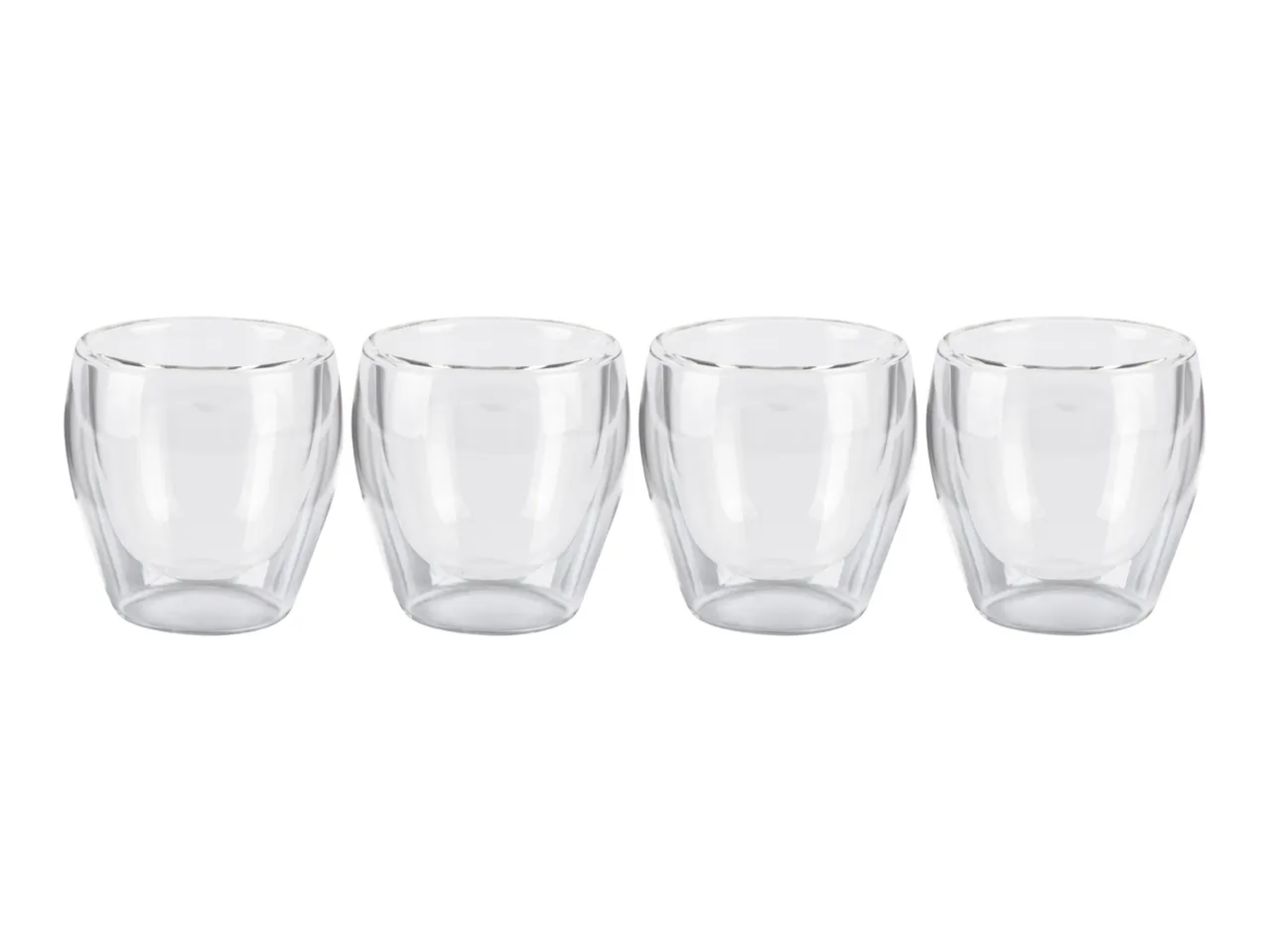 Set of four clear glass mugs.