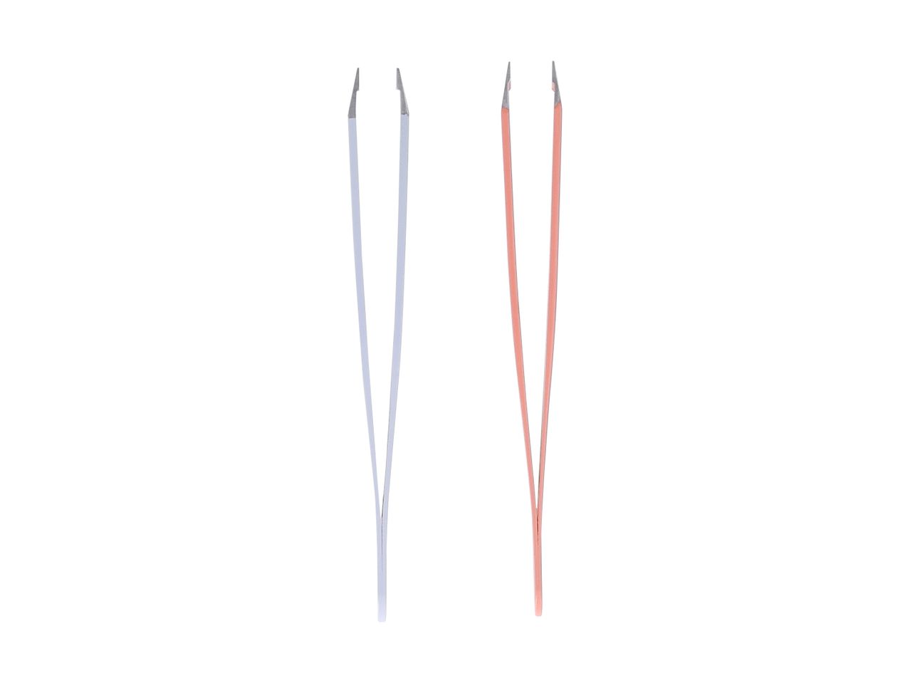 Two pairs of tweezers, one silver and one rose gold, on a white background.