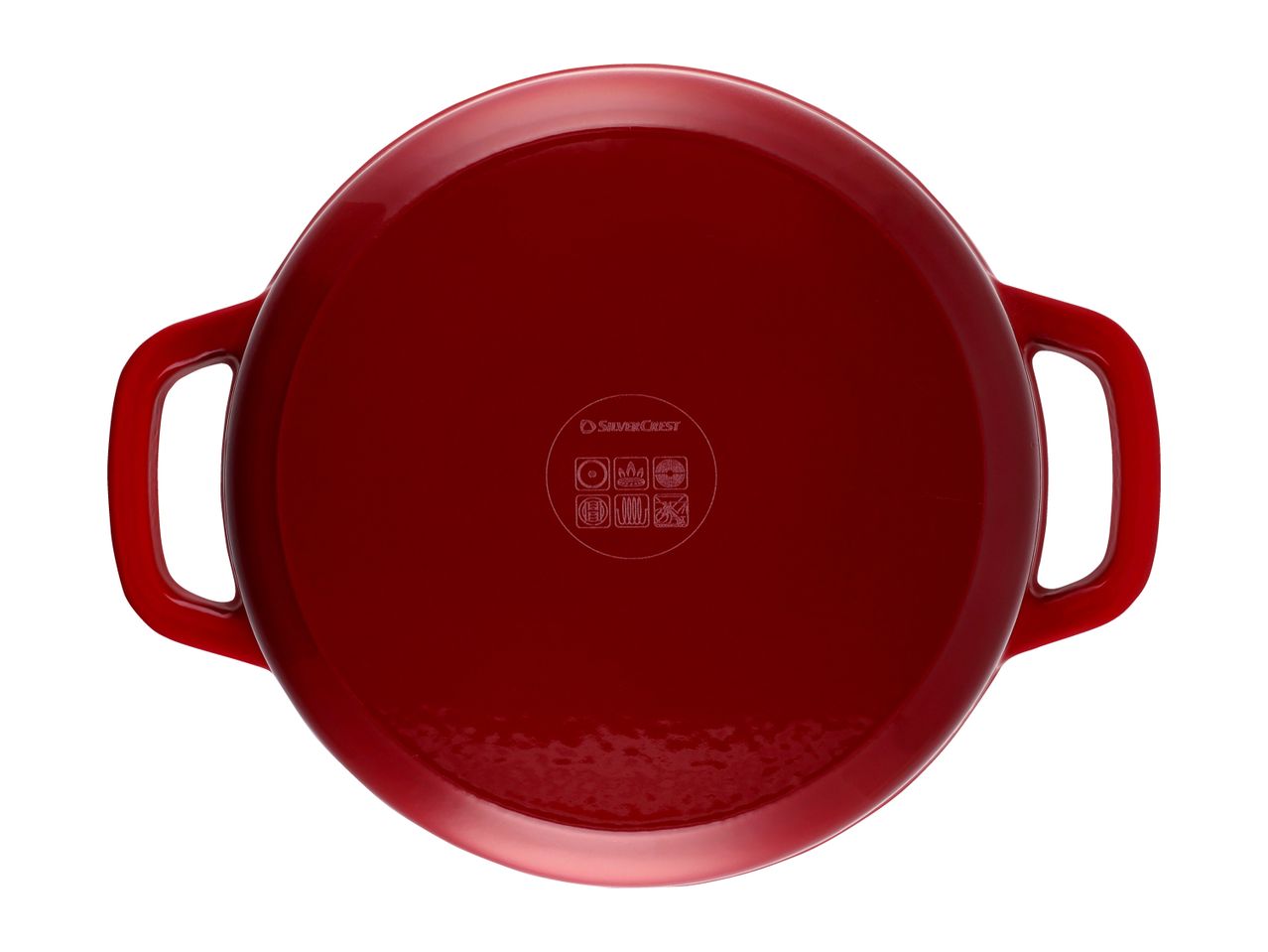 Red SilverCrest cast iron pot with handles, viewed from the bottom.