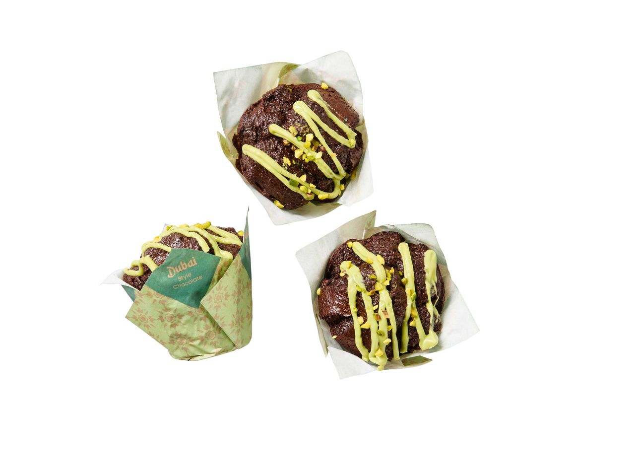 Három darab Dubái stílusú csokoládés muffin pisztáciával.