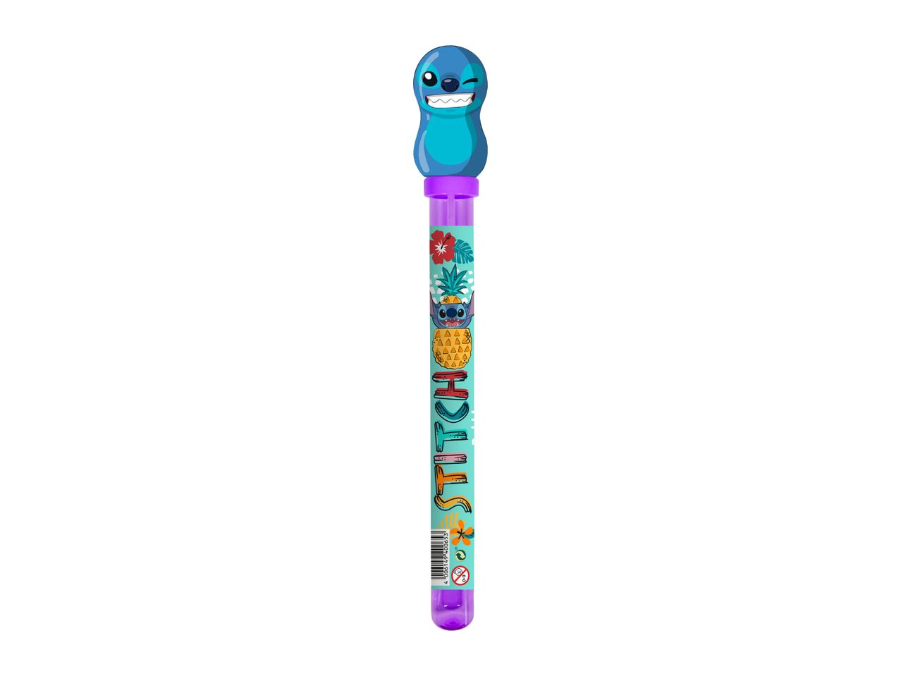 Bubble wand with a blue character top and tropical-themed 'STITCH' text on the tube.