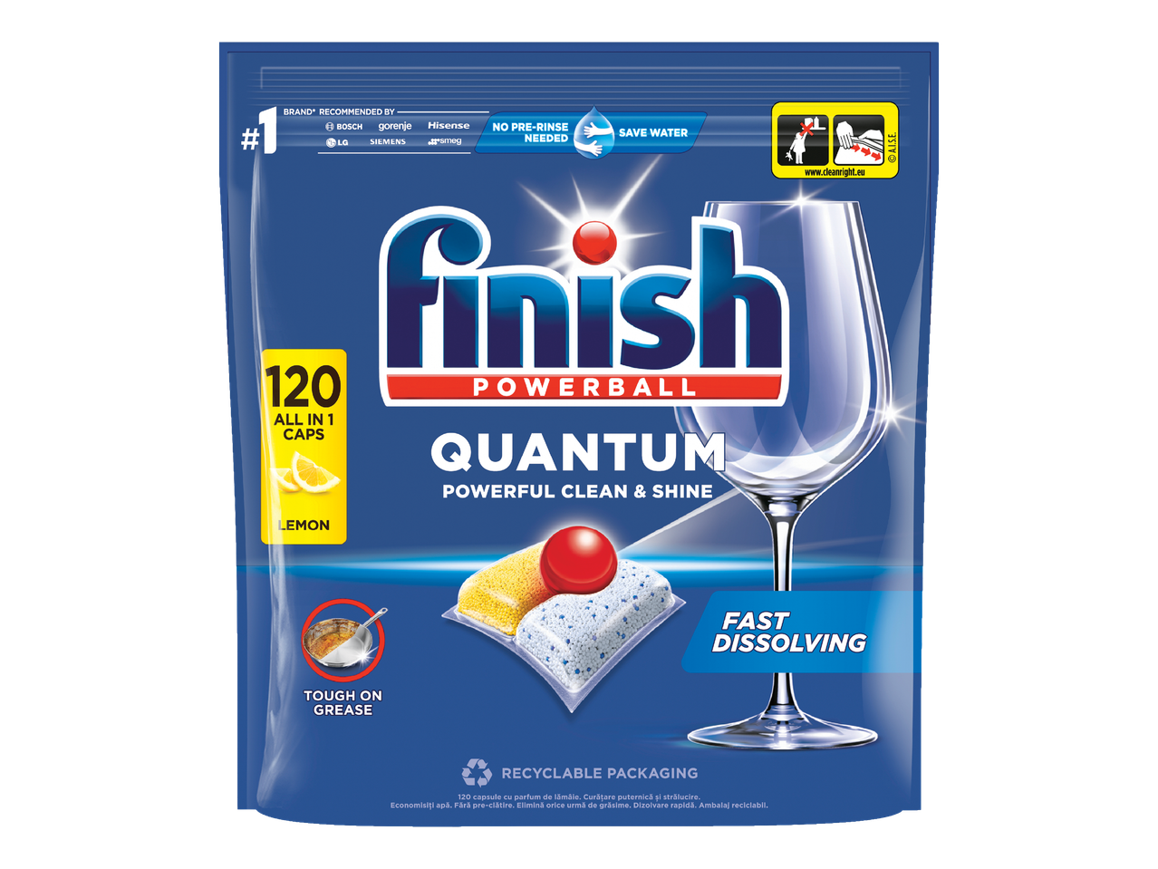 Пакет с 120 капсули за съдомиялна машина с аромат на лимон, обещаващи мощно почистване и блясък.