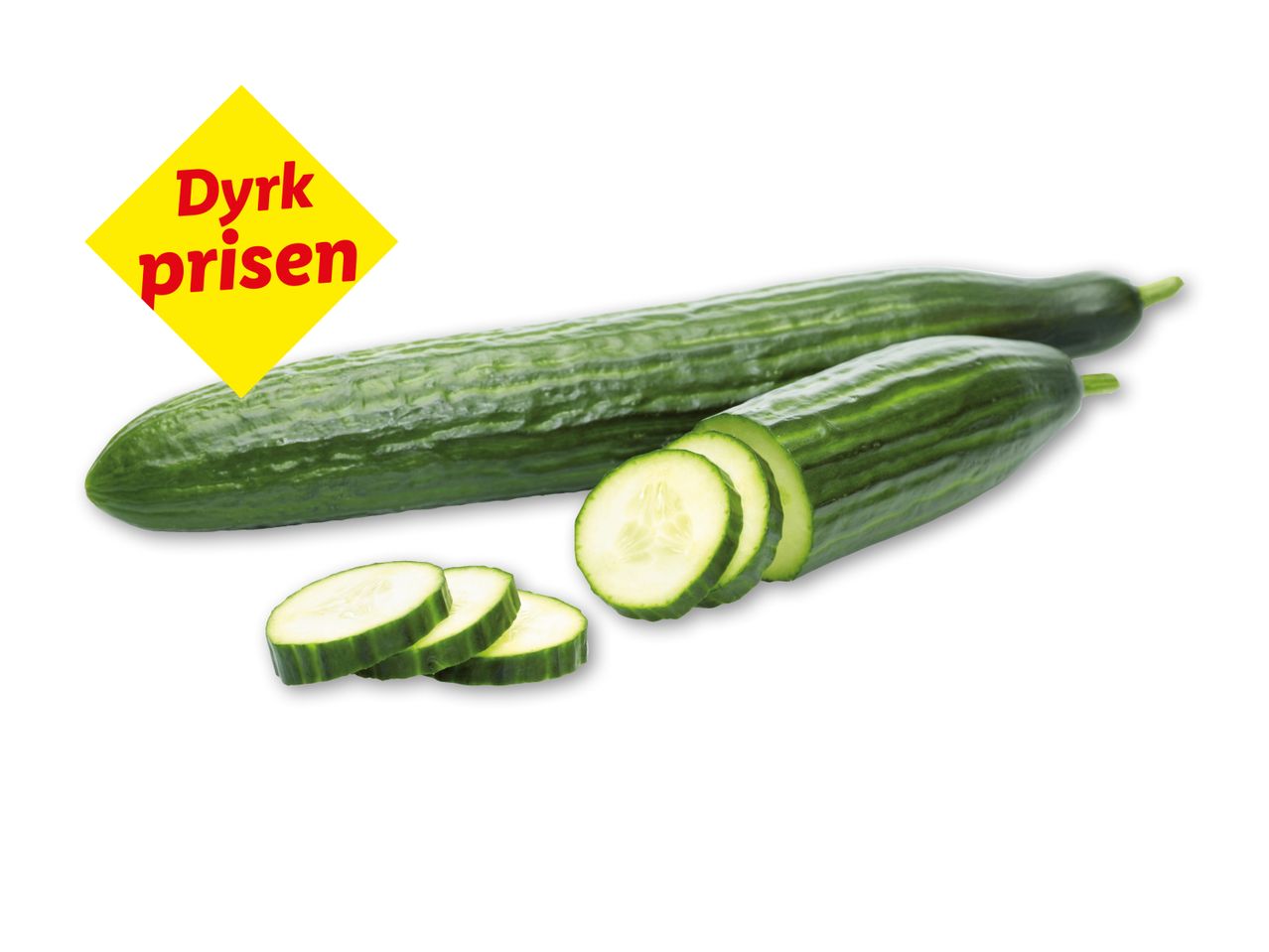 Agurker, hele og skåret i skiver, med et gult skilt der siger 'Dyrk prisen'.