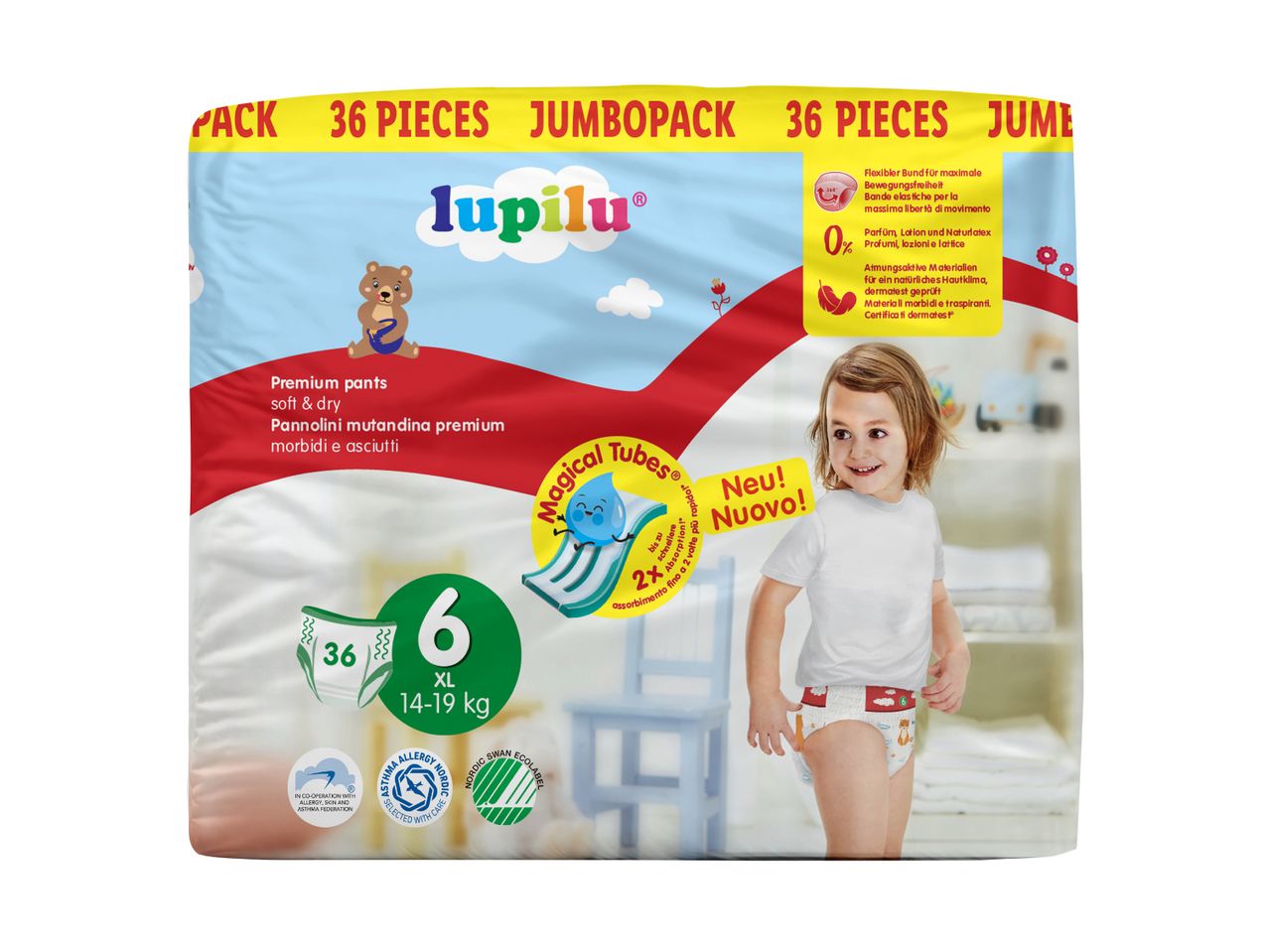 Lupilu XL blebukser, 36 stk. Jumbopakke, bløde og tørre, med dobbelt absorption.