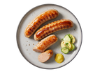Gegrilde braadworsten met knoflook, aardappel-komkommersalade en mosterd.