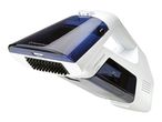 White and blue cordless spot cleaner with a brush attachment and a transparent tank