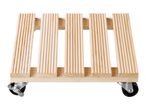 Wooden plant caddy with five slats and four wheels, two of which have brakes.