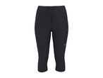 Black women's cropped sports leggings with a drawstring waist and side pocket.