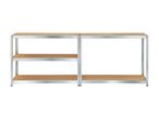 Two connected metal shelving units with three wooden shelves each, on a white background.