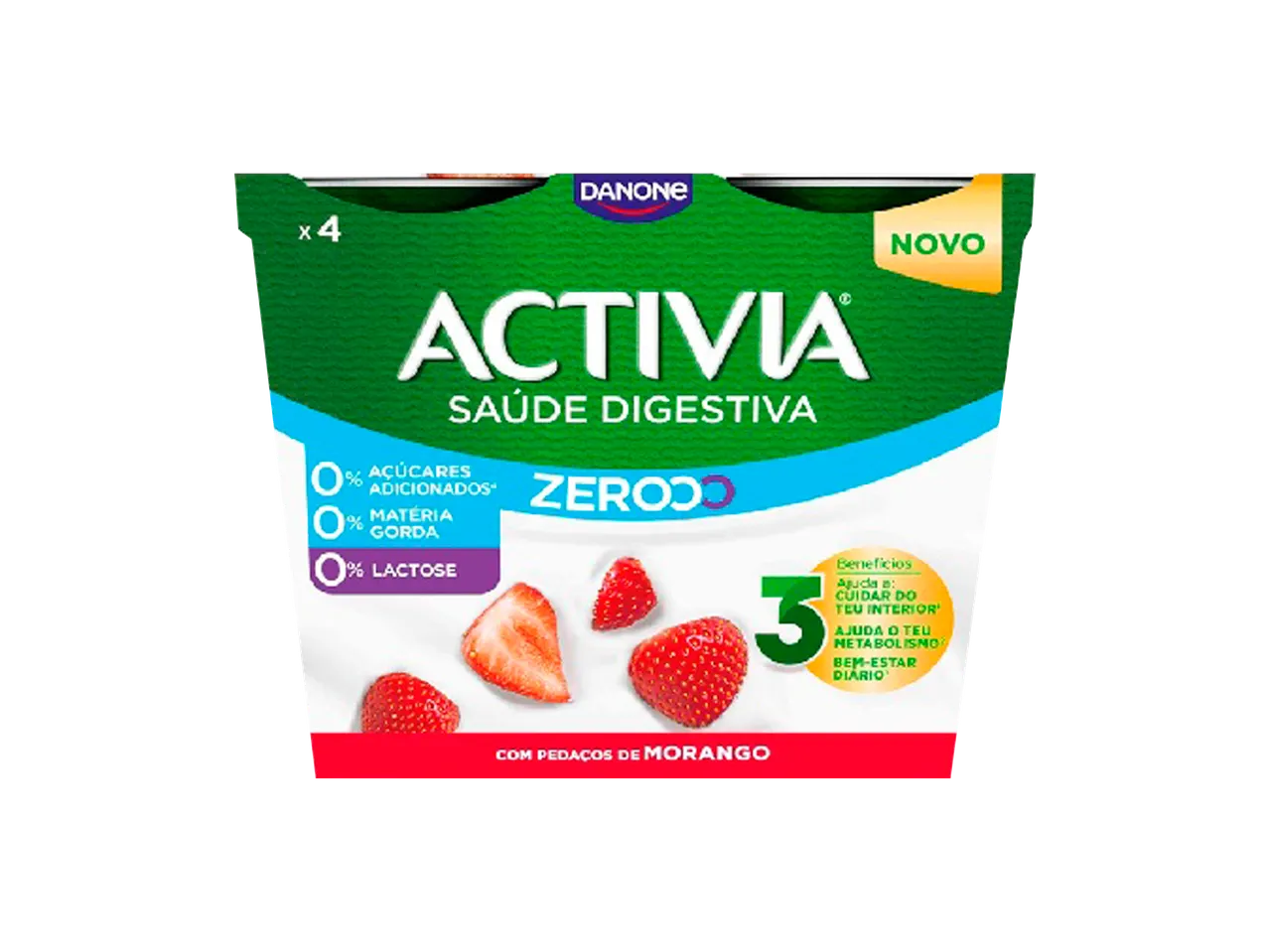 Iogurte Danone Activia Saúde Digestiva com pedaços de morango, 0% açúcares adicionados, matéria gorda e lactose.
