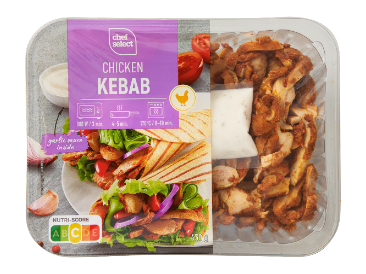 Chef Select vistas kebabs ar ķiploku mērci un Nutri-Score C marķējumu, 450g iepakojumā.