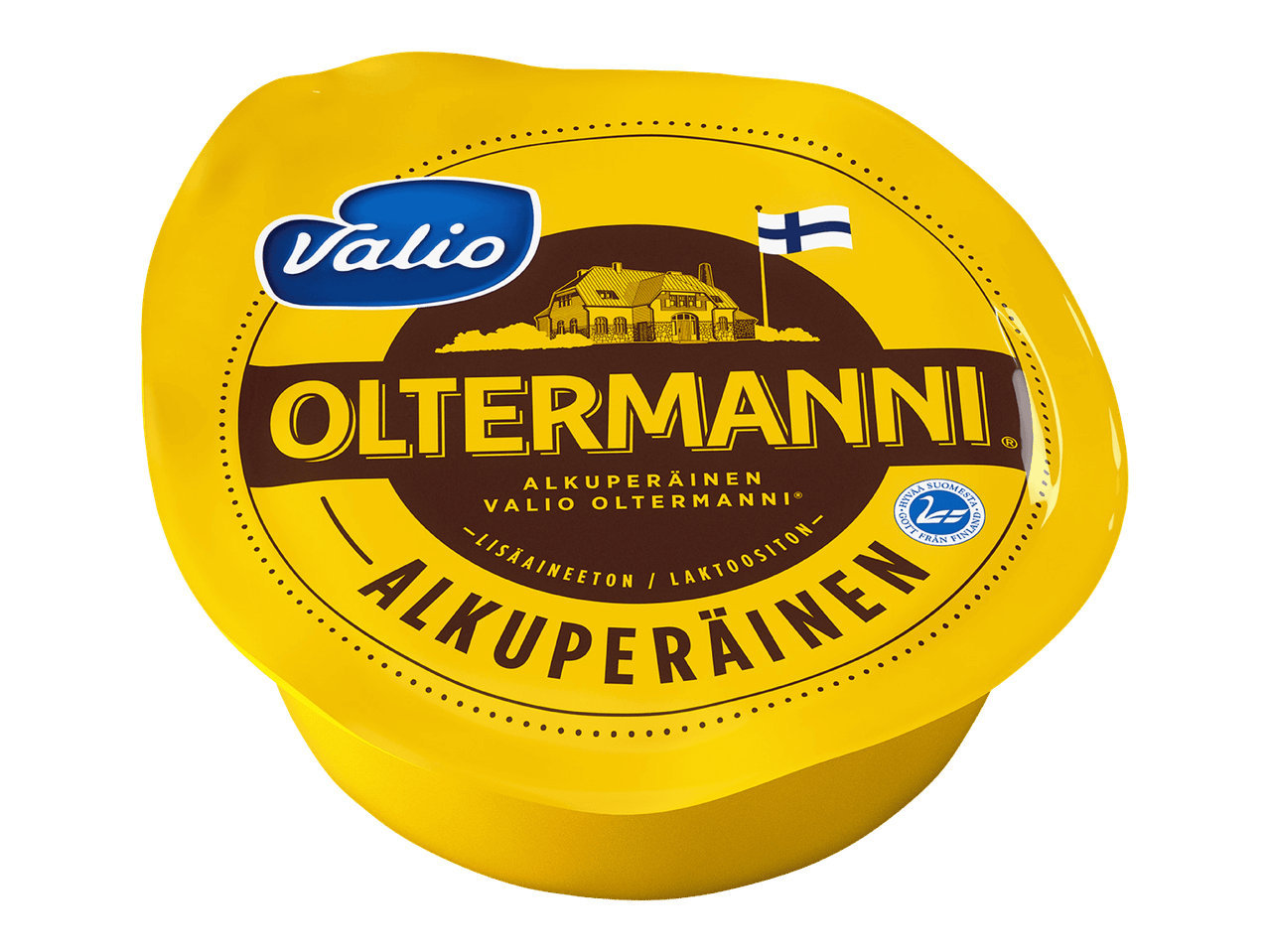 Keltainen juustopakkaus, jossa on maatilan kuva ja Suomen lippu.