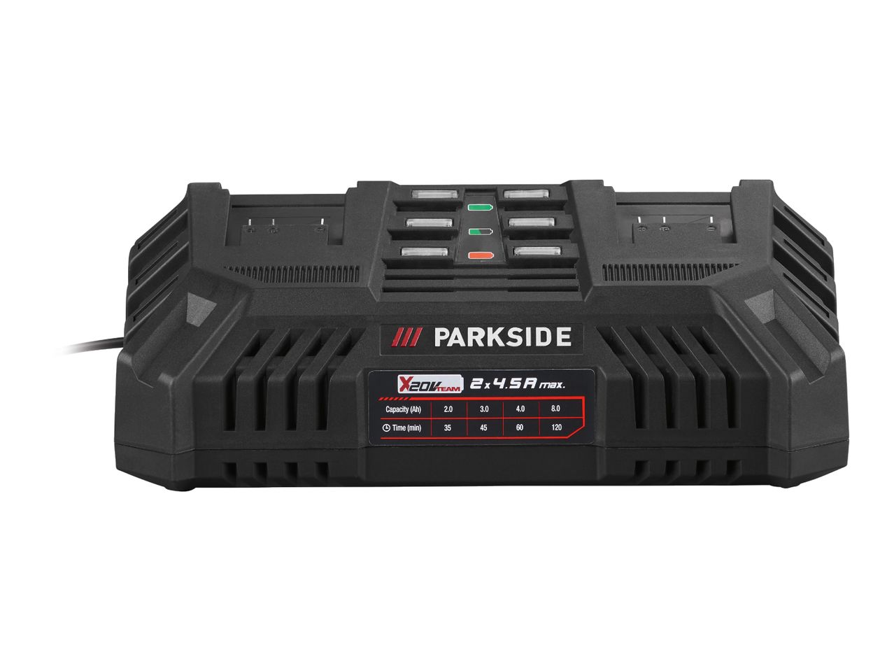 Black dual battery charger with a table showing charging times for different capacities.