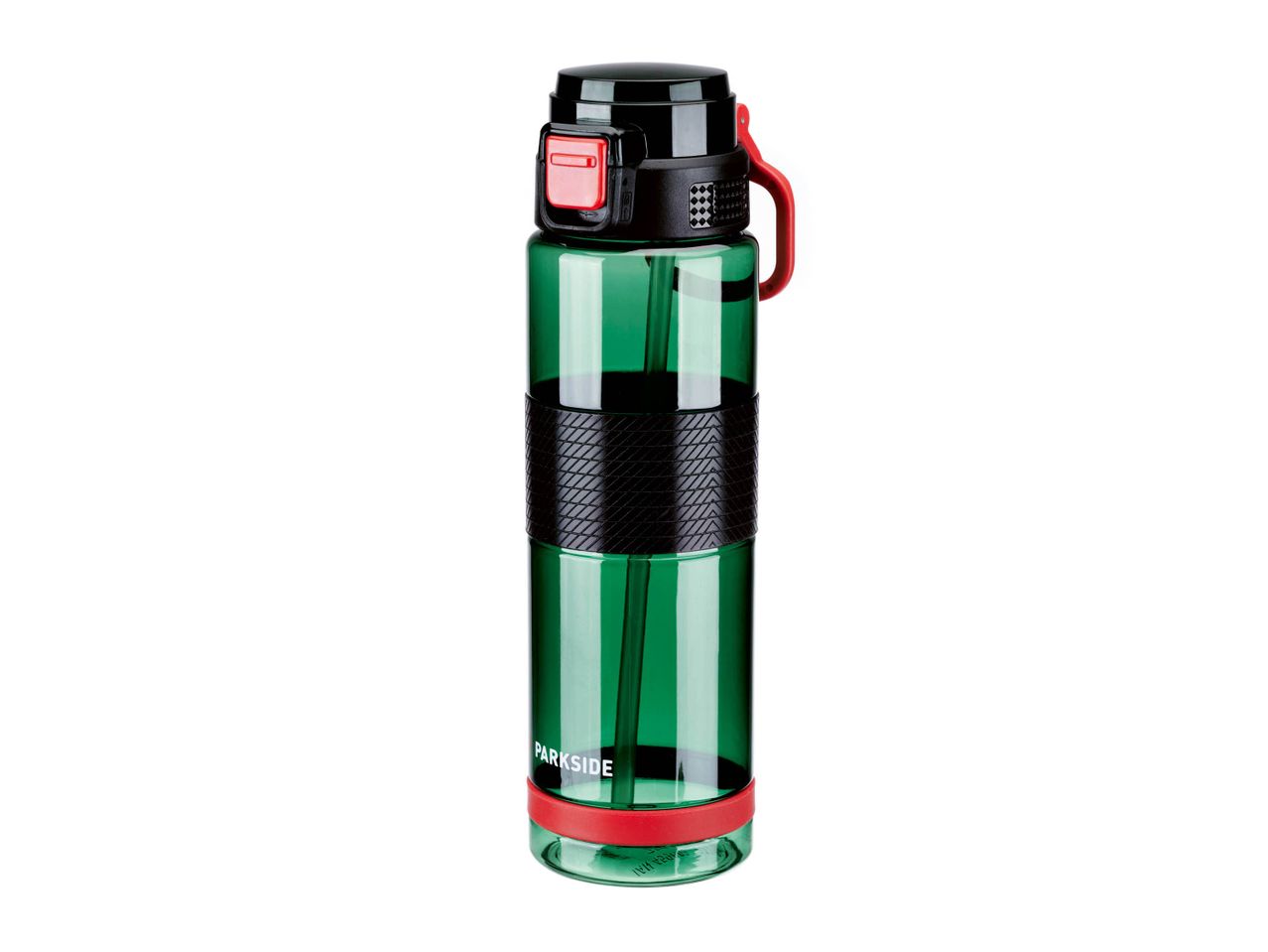 A green Parkside water bottle with a black lid and red accents.