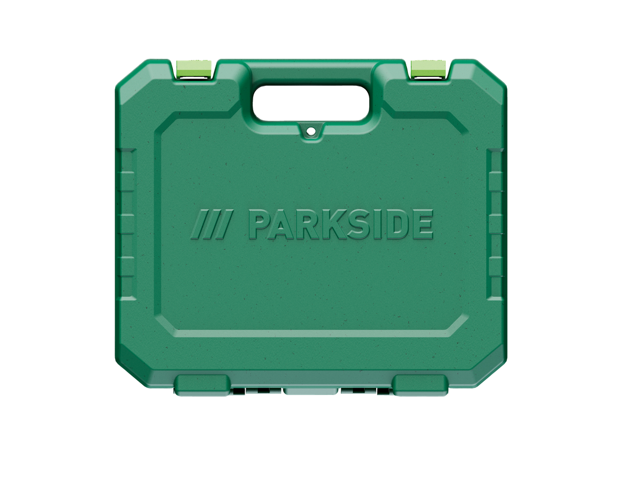 Caixa verde Parkside® para chaves de fenda, com alça e fechos verde-claros.