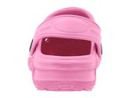 Rear view of a single pink clog shoe with a black strap, isolated on a white background.