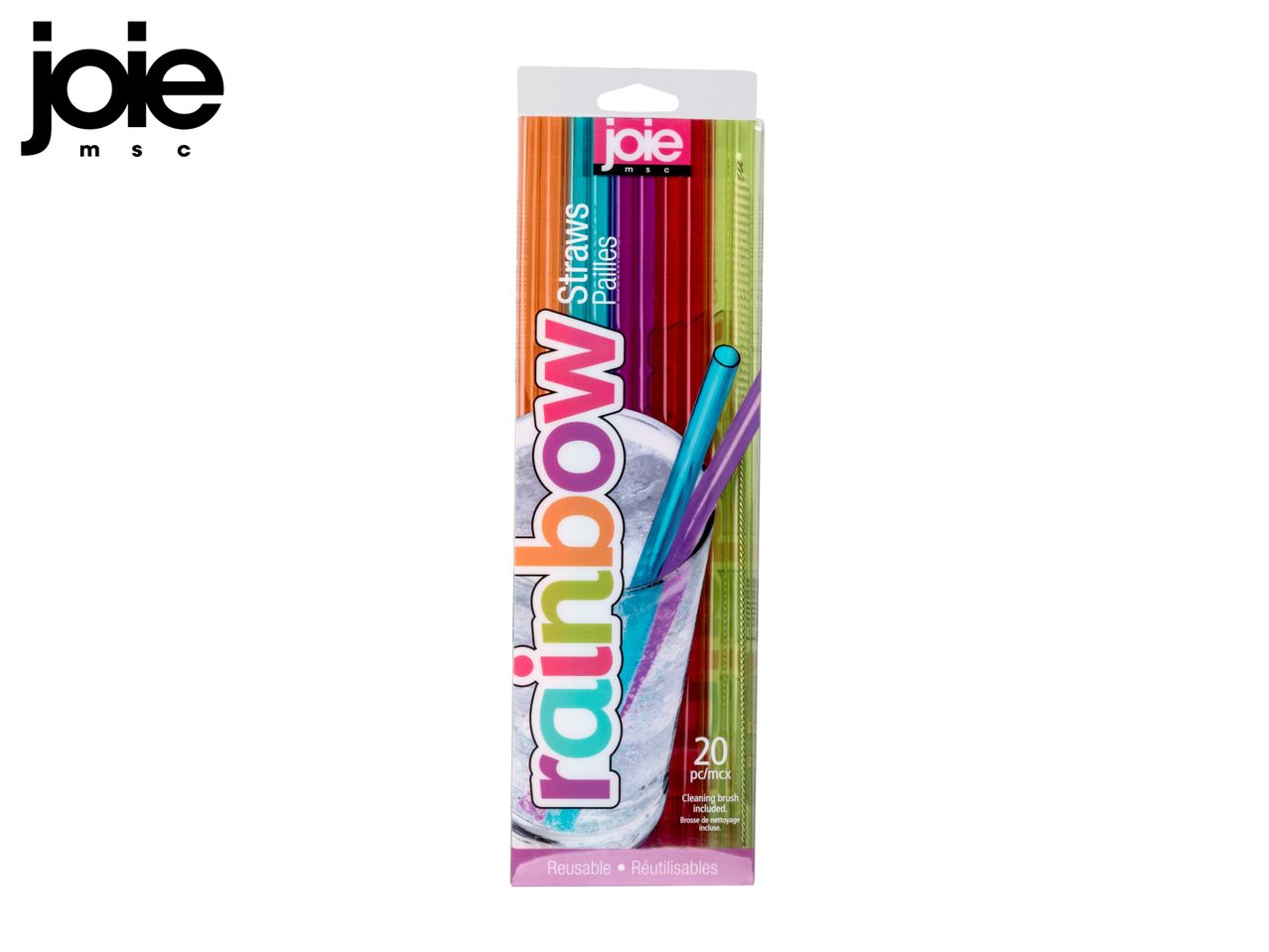Rainbow reusable straws with a cleaning brush, 20 pieces.
