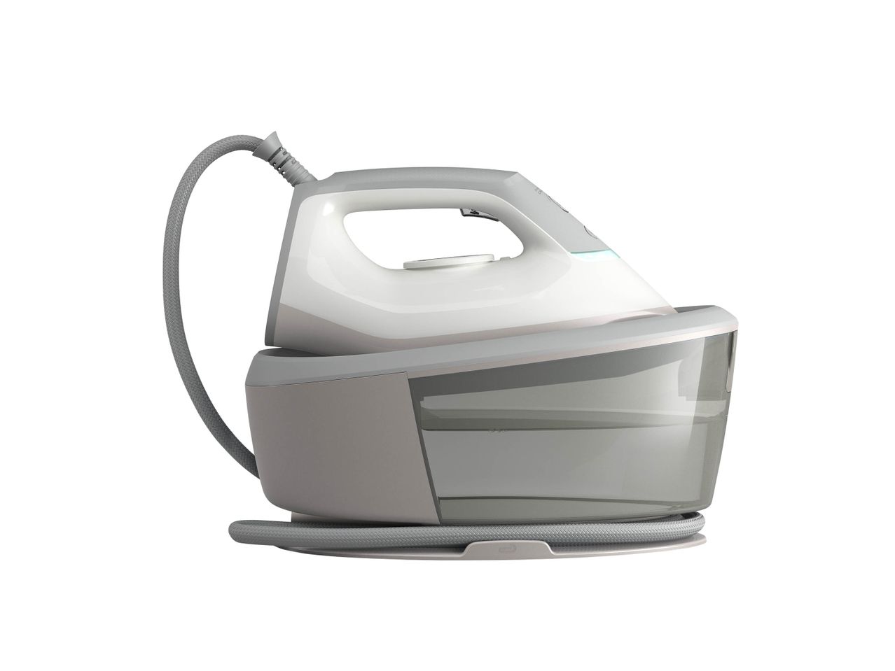 Centrale vapeur blanche et grise avec réservoir d'eau transparent.