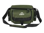 Green fishing bag with multiple compartments and a shoulder strap.