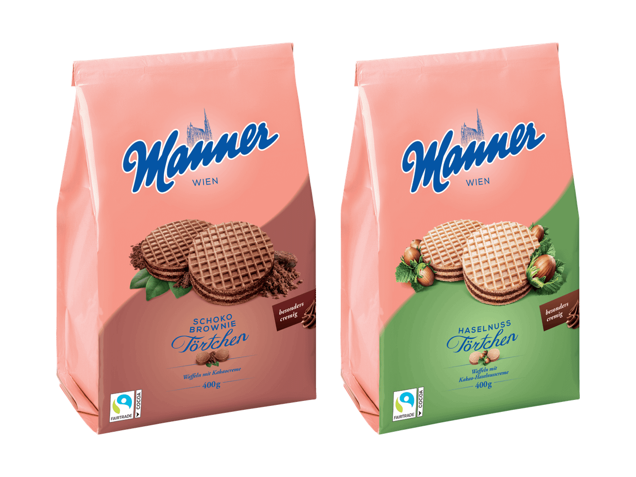 Zwei Packungen Manner Waffeln: Schoko Brownie und Haselnuss.