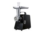 Black meat grinder with a silver grinding head and a white food pusher.