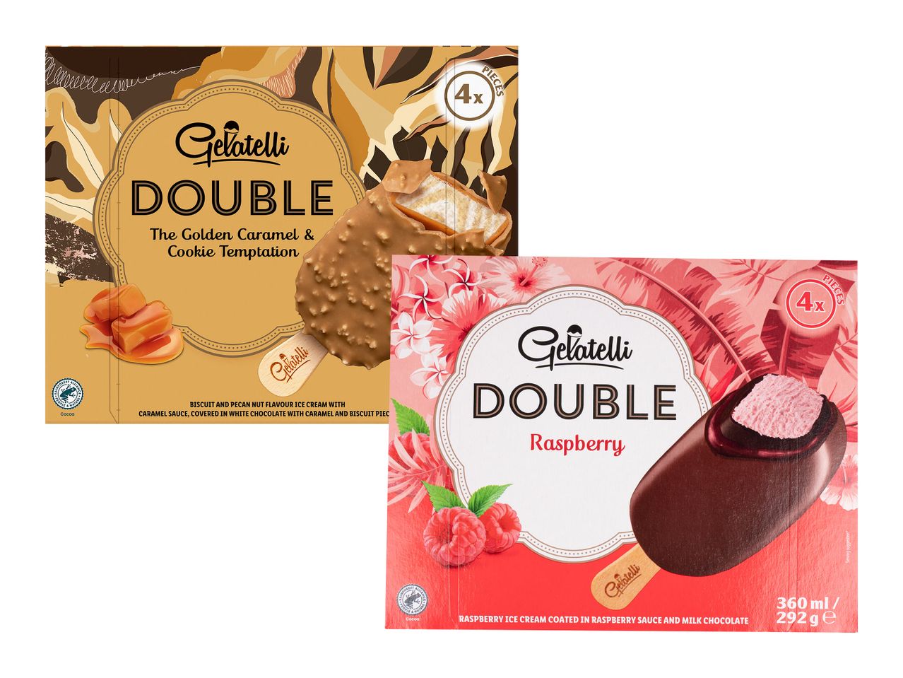 Două ambalaje de înghețată Gelatelli Double: Caramel auriu și Cookie Temptation, respectiv Zmeură.
