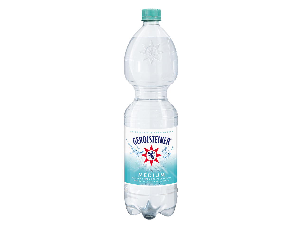 Gerolsteiner Mineralwasser, mittlere Kohlensäure, in der Flasche.