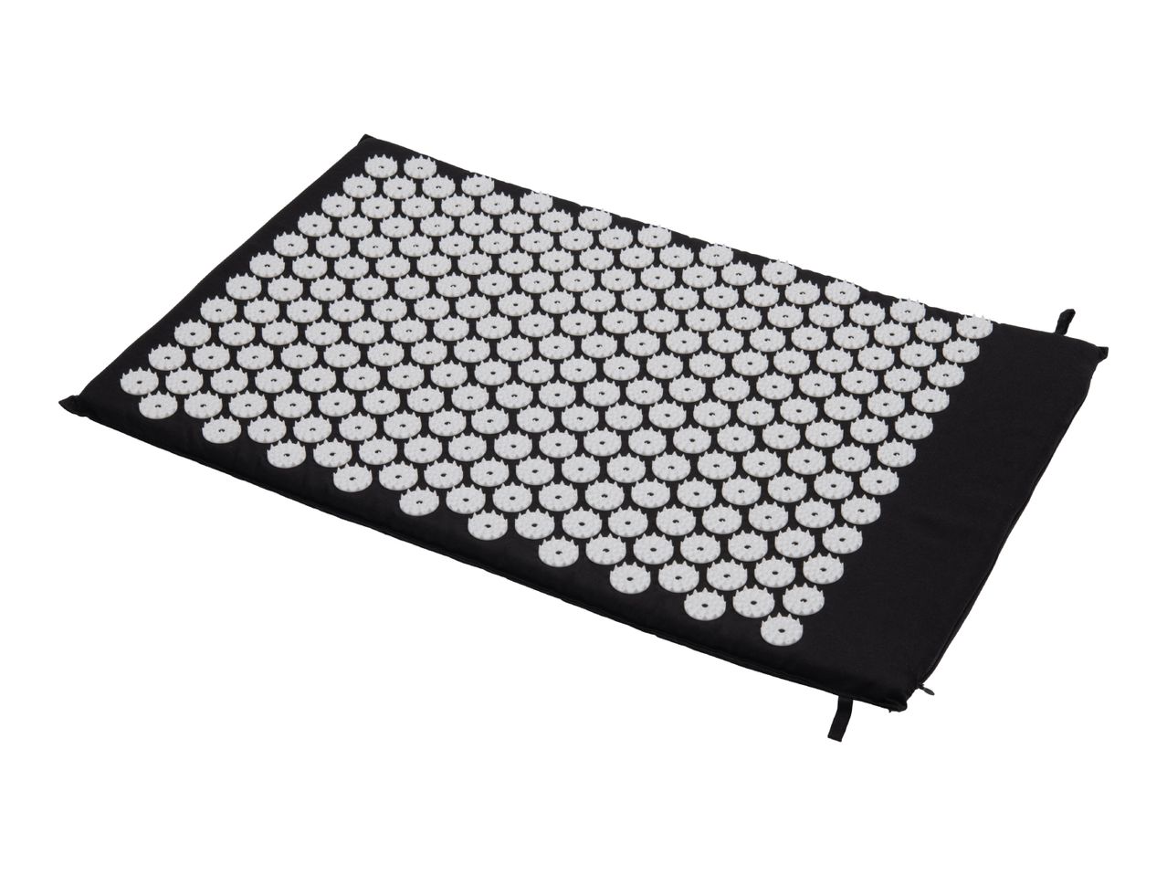 Black acupressure mat with white spikes on a white background.