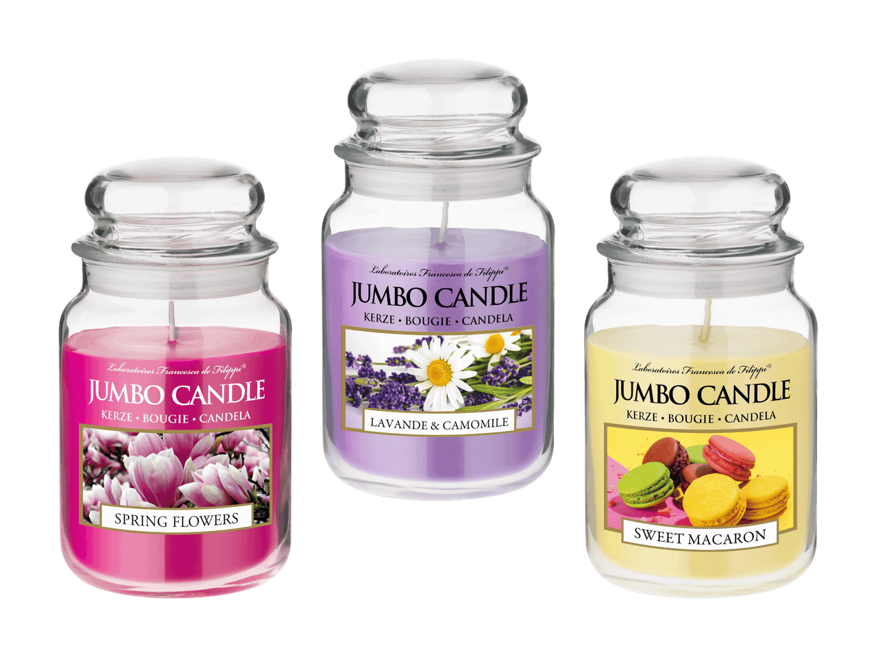 Drei Duftkerzen im Glas: Frühlingsblumen, Lavendel & Kamille und süße Macarons.