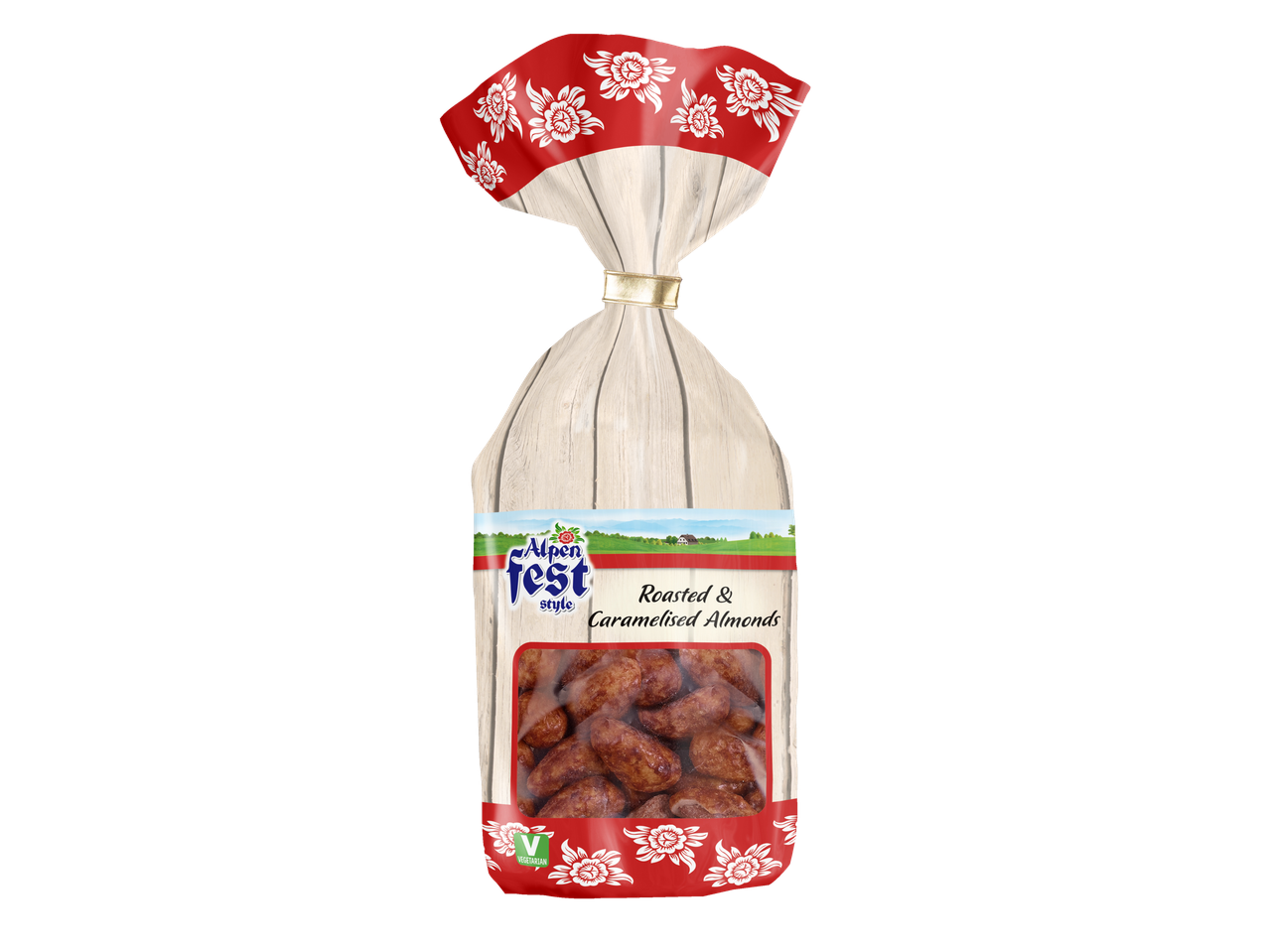 Alpenfest Roasted & Caramelised Almonds in a clear bag with a red and white floral top.
