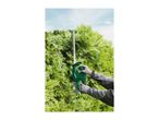 Person trimming a tall green hedge with a long-reach hedge trimmer.