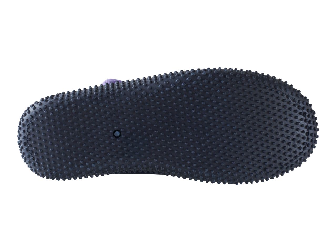 Bottom view of a dark blue flip-flop with a textured, studded sole.