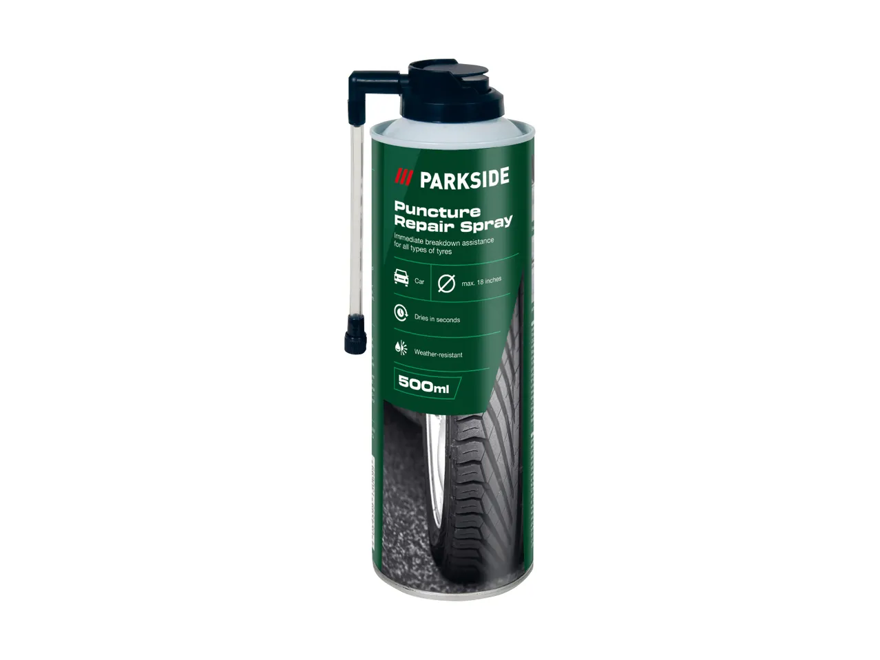 Puncture repair spray for car tires up to 18 inches, 500ml.