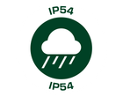 Αξιολόγηση IP54 για προστασία από σκόνη και πιτσιλιές, με εικονίδιο σύννεφου και βροχής.