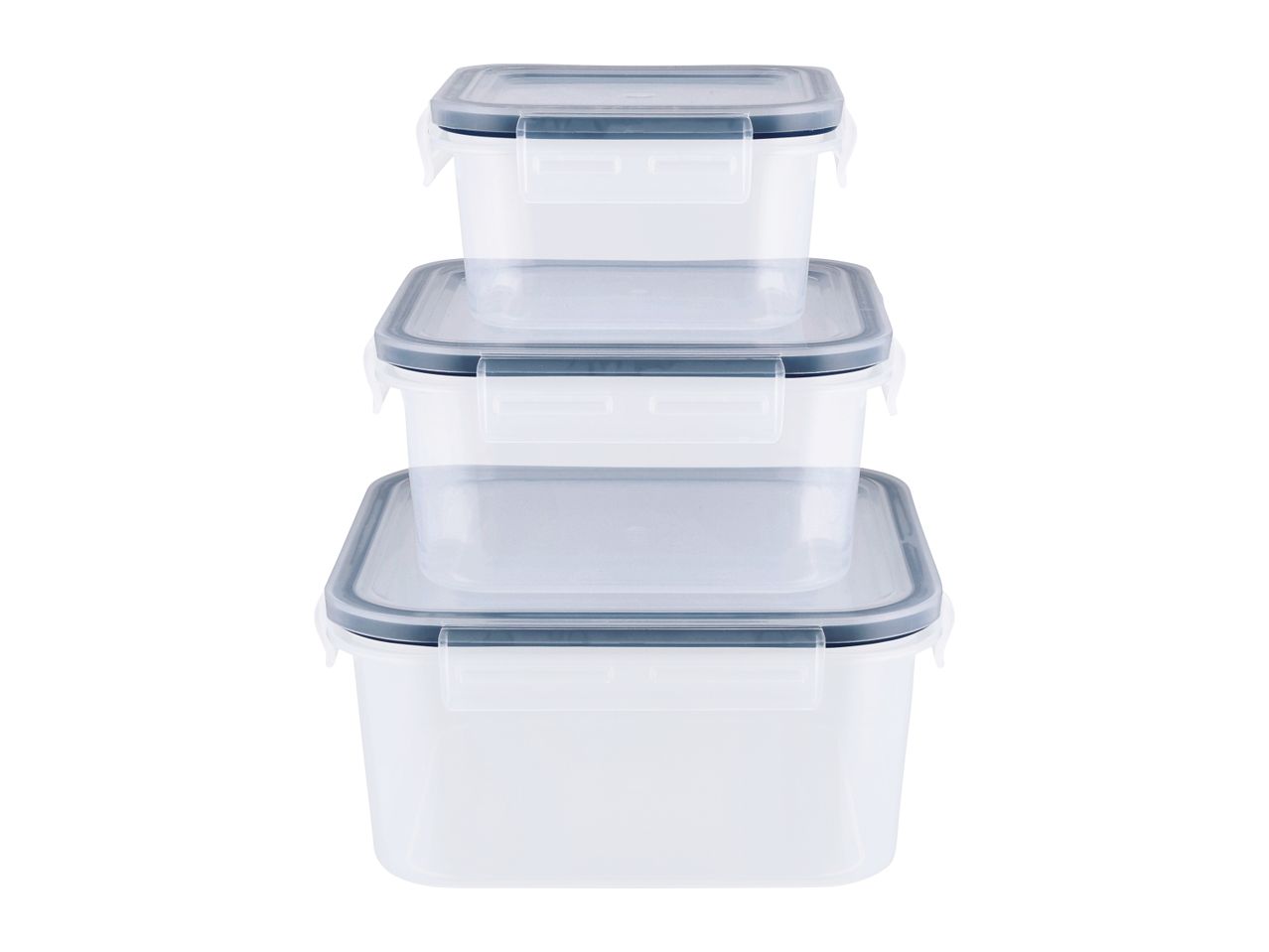 A set of three square plastic food storage containers with gray lids.