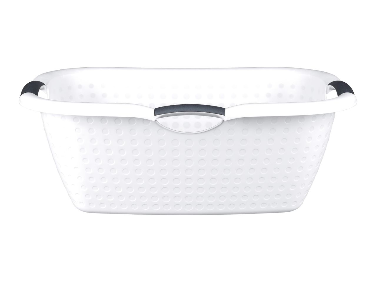 White laundry basket with black handles and a perforated design.