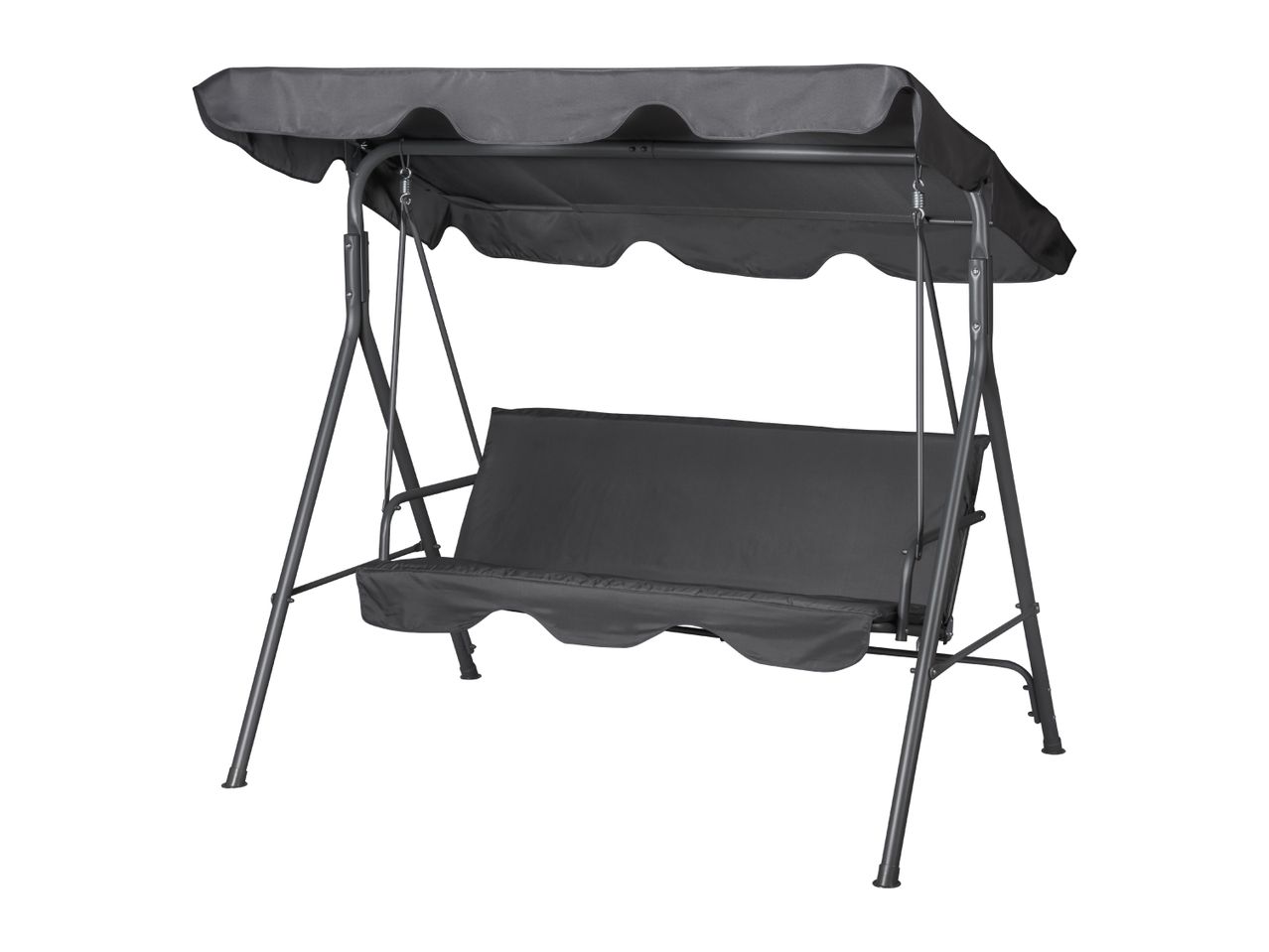 Dark grey garden swing chair with a canopy, isolated on a white background.