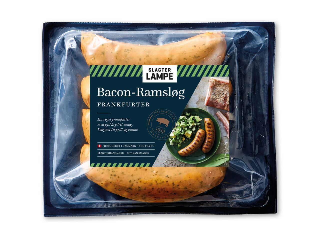 Pakke med bacon-ramsløg frankfurtere, klar til grill eller pande.
