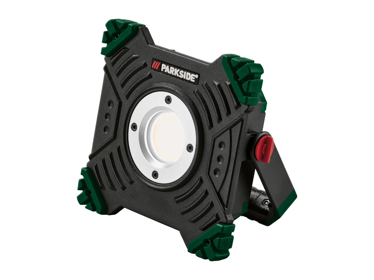 A black and green Parkside LED work light with a red adjustment knob.