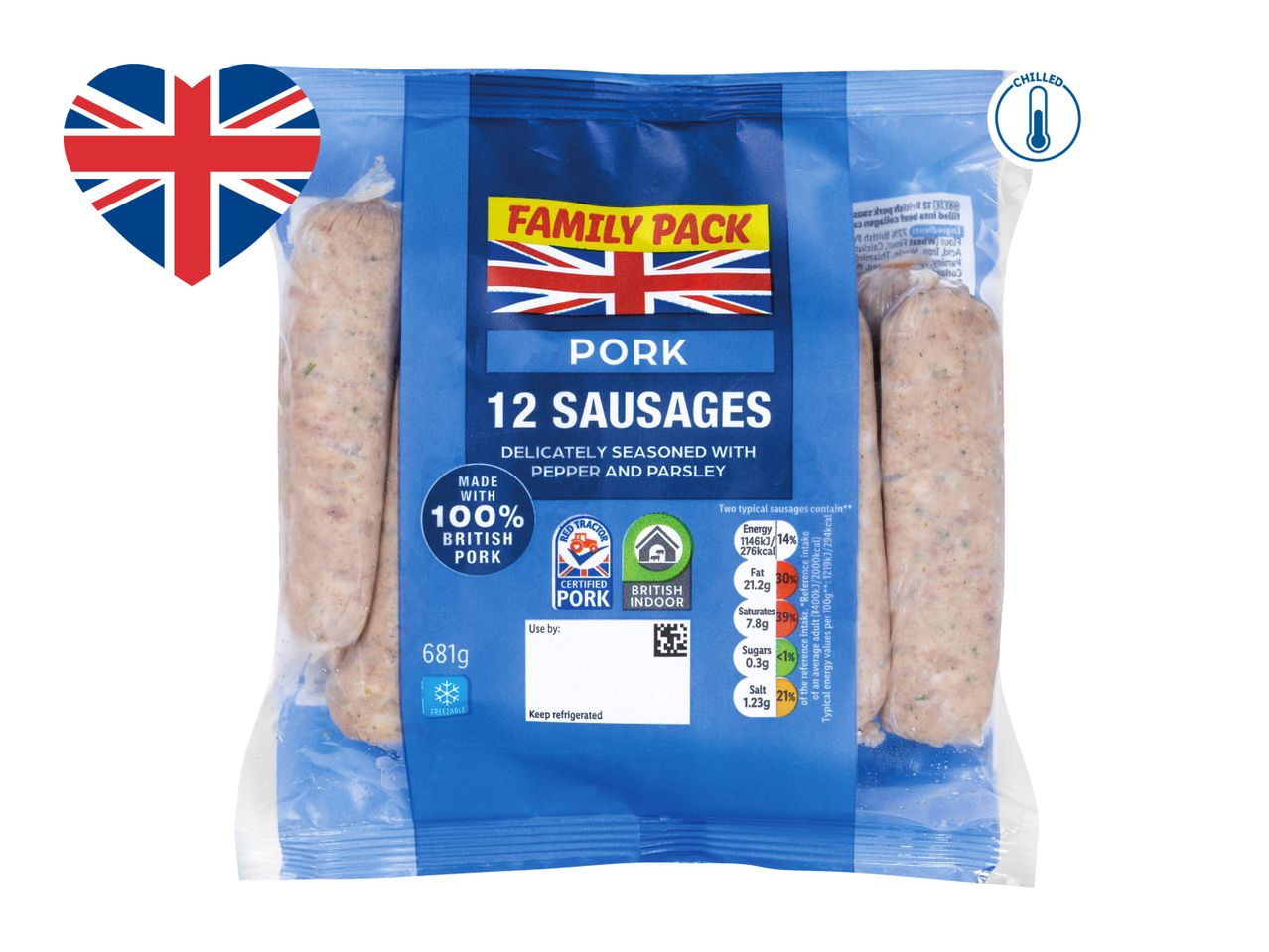 Family pack of 12 pork sausages, seasoned with pepper and parsley, made with 100% British pork.