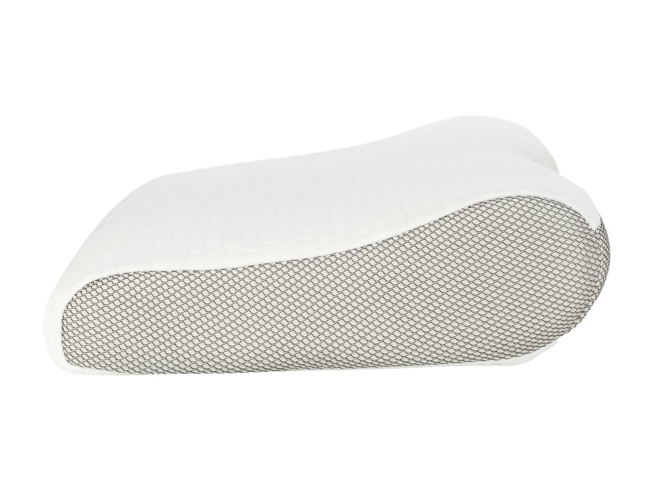 Oreiller ergonomique blanc avec insert en maille grise.
