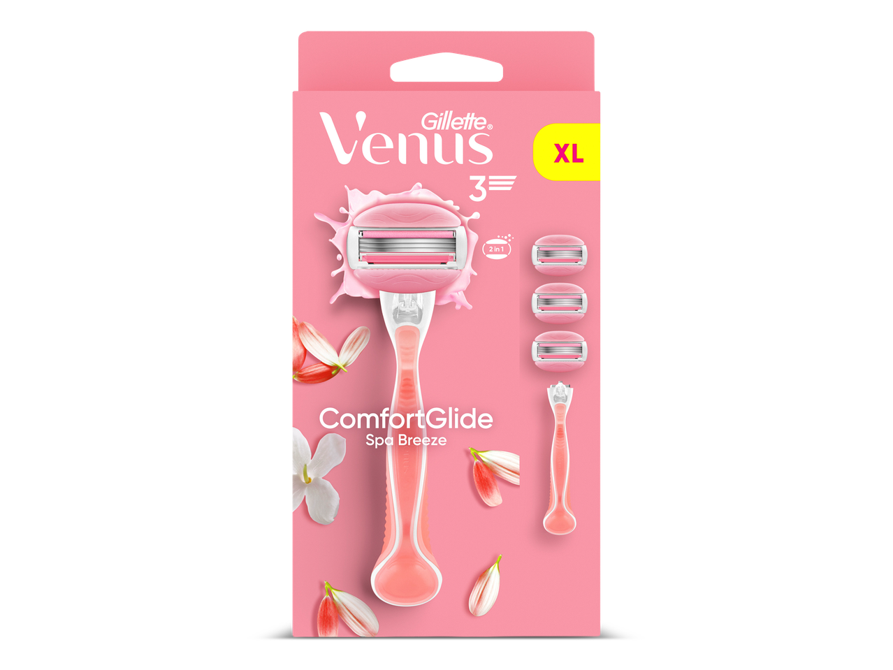 Roze scheermesje met drie navulmesjes en een klein scheermesje, omringd door bloemblaadjes.