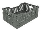 Grey foldable plastic storage crate with slatted sides and handles