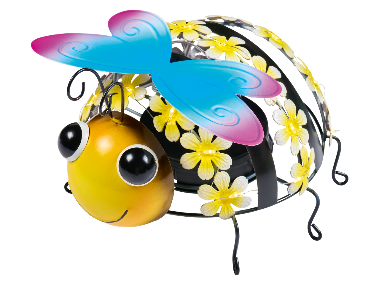 Decorațiune solară LED PARKSIDE în formă de albină cu aripi albastre și flori galbene.
