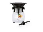 A white Monsieur Cuisine Smart food processor with a black steaming attachment and a spatula.