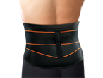 Black back support belt with orange accents.
