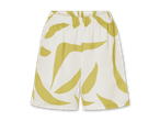Kurze, beige Shorts mit abstraktem Muster.