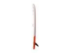 Inflatable stand-up paddleboard in white and orange with a black fin, side view.