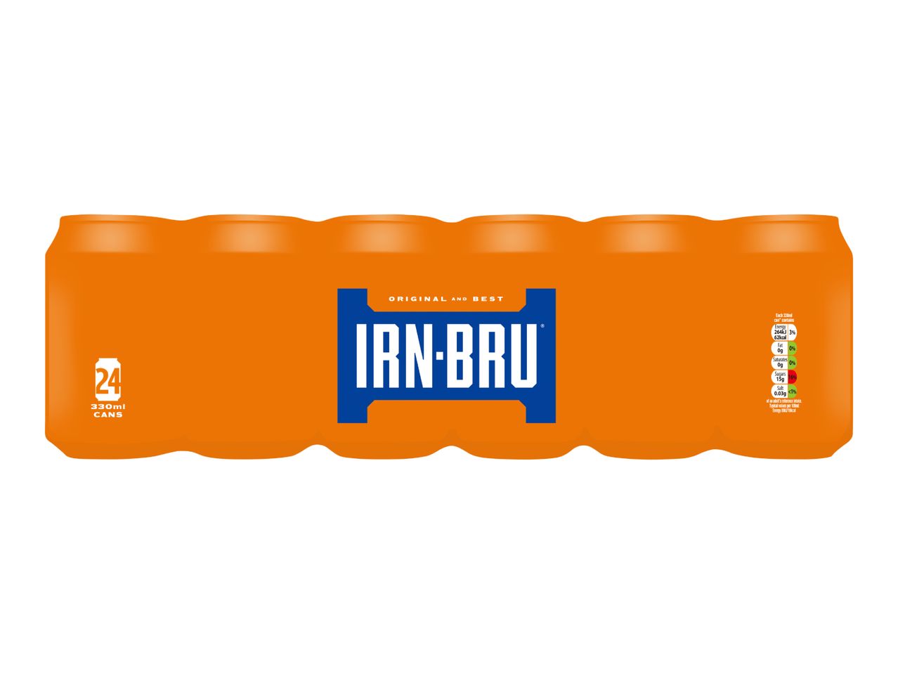 A 24-pack of orange-colored soda cans, with nutritional information on the side.