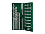 Drill bit and screwdriver bit set in a green plastic case, including various sizes of HSS drill bits and screwdriver bits like PH1, PH2, PH3, PZ1, PZ2, PZ3, S5, and S6.